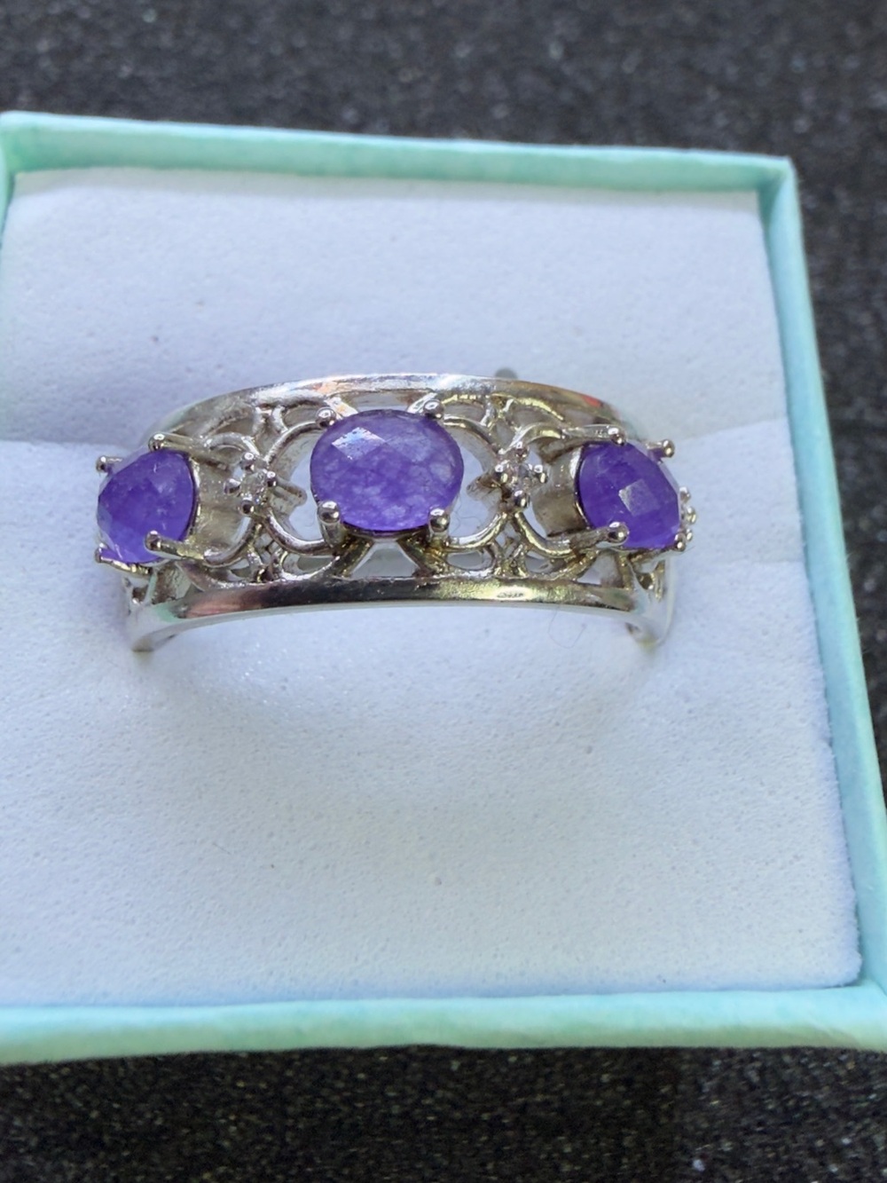 Amethyst quartz Rhodium plated Three-Stone Ring 💎